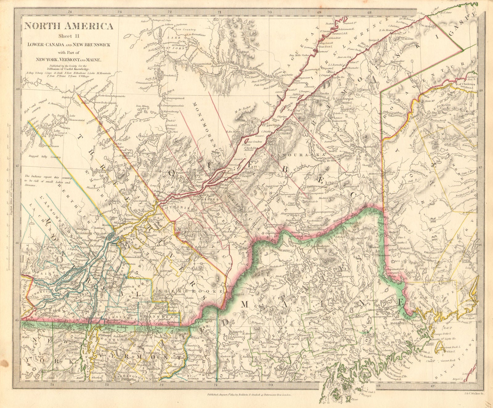 QUEBEC. Québec. Canada.Montreal.Three Rivers.Maine.New Brunswick.SDUK 1848 map